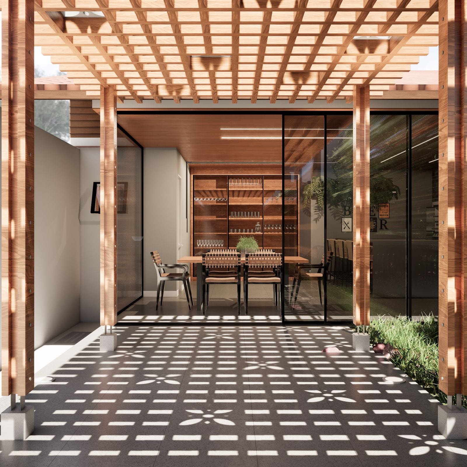 Pergolado de madeira e fachada de vidro no projeto do Espaço Gourmet Jardim Social